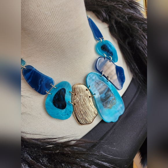 Black, Blue and Goldtone Statement Necklace with Earrings Set - Picture 7 of 15